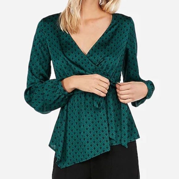 Express Tops - Express Emerald Green Print Asymmetrical Wrap Top